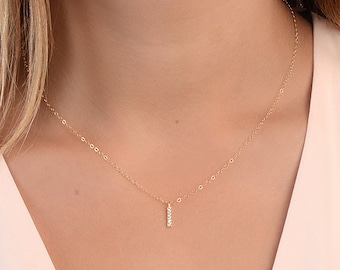 Tiny Gold Diamond Bar Necklace, Dainty Silver CZ Necklace, Minimal Everyday Jewelry, Simple Layered, Cubic Zirconia Stick Pendant, Pave