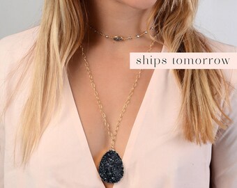 Black Druzy Necklace, Long Gold Necklace, Gemstone Necklaces for Women, Black Stone Necklace, Layering Necklace, Large Stone Pendant, Gold