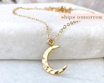 Hammered Crescent Moon Necklace, Simple Dainty Half Moon Necklace, Gold Fill Necklace Gift, Layered Boho Pendant, Gold Fill, Rose, Silver
