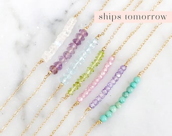 Pulsera de barra de cuentas, pulsera de barra de piedras preciosas, pulsera sencilla con piedra de nacimiento, joyería minimalista delicada, en oro de 14 kt, oro rosa o plata.