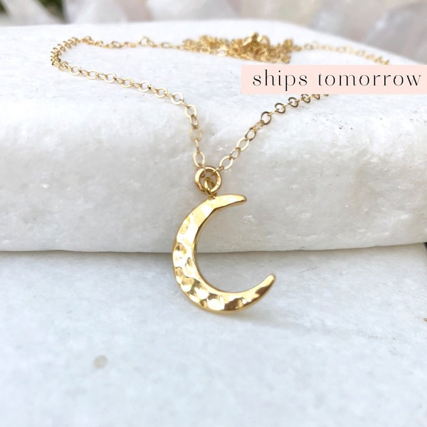 Hammered Crescent Moon Necklace, Simple Dainty Half Moon Necklace, Gold Fill Necklace Gift, Layered Boho Pendant, Gold Fill, Rose, Silver