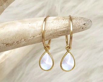 Pearl Earrings, White Earrings, June Birthstone, Jewelry Gift, Small Medium Large Hoops, Pearl Drop Hoops, 14kt Gold Filled Sterling Silver