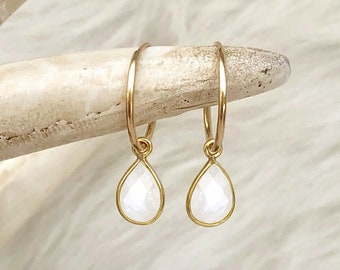 Moonstone Earrings, White Stone Earrings, June Birthstone, Medium or Large Hoops, Moonstone Jewelry, Gemstone, Gold Filled Sterling Silver