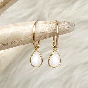 Moonstone Earrings, White Stone Earrings, June Birthstone, Medium or Large Hoops, Moonstone Jewelry, Gemstone, Gold Filled Sterling Silver