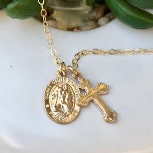 Gold Saint Christopher Necklace, Gold Cross Necklace, Traveling Necklace, Dainty Catholic Medallion, Religious Jewelry, 14kt Gold Filled