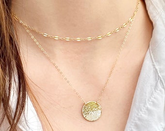 Gold Hammered Disc Necklace, Everyday Minimalist Jewelry, Medallion Pendant, Suspended Circle Necklace, 14kt Gold Filled, Rose, Silver, 16mm