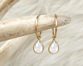 Crystal Earrings, Clear Crystal Quartz , April Birthstone, Quartz Jewelry, Small Medium or Large Hoop, in 14kt Gold Filled, Sterling Silver