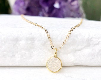 50% off Sale Gift under 20, Dainty Druzy Necklace, Round Druzy Necklace, Delicate Gemstone Necklace, Druzy Jewelry, Gemstone Necklace,