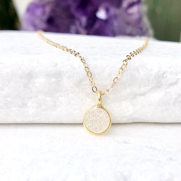 50% off Sale Gift under 20, Dainty Druzy Necklace, Round Druzy Necklace, Delicate Gemstone Necklace, Druzy Jewelry, Gemstone Necklace,