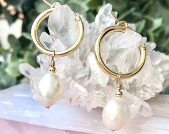 Baroque Pearl Hoop Earrings, Pearl Huggie Hoops, Pearl Dangle Hoops, Everyday Pearl Hoops, Pearl Earrings, 14kt Gold Filled, Rose or Silver