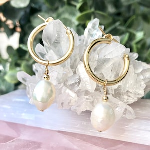 Baroque Pearl Hoop Earrings, Pearl Huggie Hoops, Pearl Dangle Hoops, Everyday Pearl Hoops, Pearl Earrings, 14kt Gold Filled, Rose or Silver