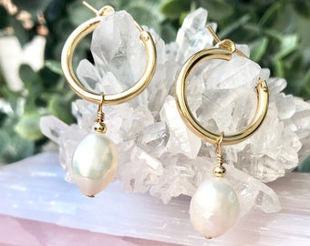 Bridesmaid Pearl Earrings, Wedding Party Pearl Earrings, Bridesmaid Pearl Hoops, Pearl Earrings for Bridesmaids, Baroque Pearl Earrings