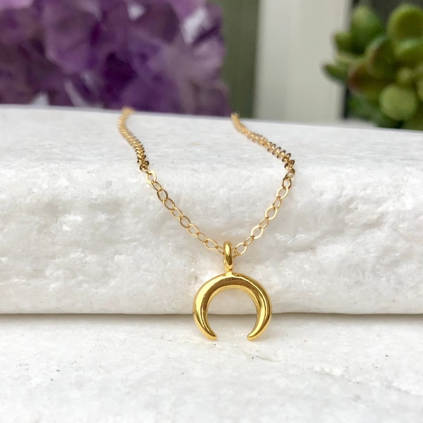 50% off sale, gift under 20,Gold Horn Necklace, Tiny Moon Necklace, Crescent Moon Necklace, Minimalist Jewelry, Layer Necklace,