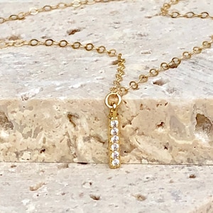 Tiny Gold Diamond Bar Necklace, Dainty Silver CZ Necklace, Minimal Everyday Jewelry, Simple Layered, Cubic Zirconia Stick Pendant, Pave image 2