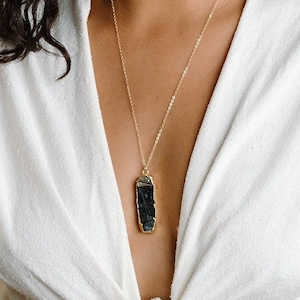 Raw Black Tourmaline Necklace, Protection Necklace, Black Stone Necklace, Black Crystal Necklace, Black Gemstone, Meditation, Gold or Silver