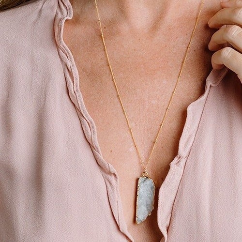 Raw Moonstone Necklace, Healing Crystal Necklace, Rough Gemstone Jewelry, Long Boho Necklace, Dainty Natural Stone Pendant, Gold Fill Silver