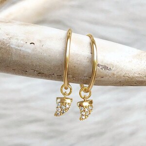 Tusk Earrings, Horn Earrings, Huggie Hoops, Hoop Earrings, CZ Charm Earrings, Minimalist Jewelry, in 14kt Gold Filled or Sterling Silver image 3