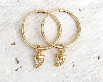 Tusk Earrings, Horn Earrings, Huggie Hoops, Hoop Earrings, CZ Charm Earrings, Minimalist Jewelry, in 14kt Gold Filled or Sterling Silver