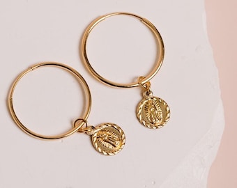 Virgin Mary Earrings, Religious Earrings, Virgin Mary Hoops, 14kt Gold Filled Hoops, Christian Jewelry, Catholic Jewelry, Mary Medallion,