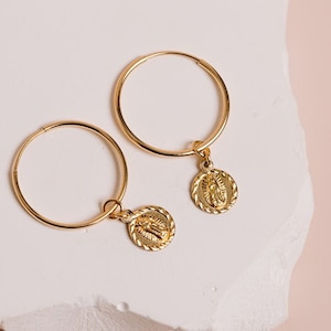 Virgin Mary Earrings, Religious Earrings, Virgin Mary Hoops, 14kt Gold Filled Hoops, Christian Jewelry, Catholic Jewelry, Mary Medallion, image 1