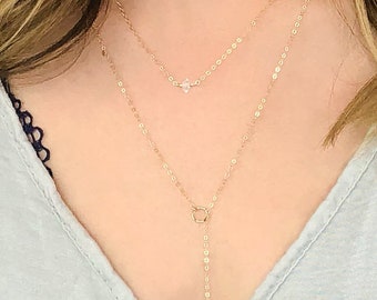 Conjunto de collar con diamantes Herkimer y lazo minimalista, joyería de cristal de cuarzo crudo transparente, juego de 2 collares, regalo para ella, relleno de oro, plata, rosa