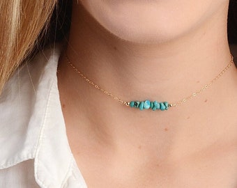 Choker Necklace, Real Turquoise Beaded Choker, Short Layering Necklace, Turquoise Jewelry, Dainty Gemstone, 14kt Gold Filled, Rose, Silver