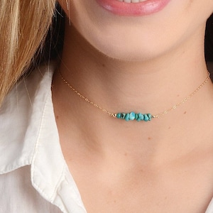 Choker Necklace, Real Turquoise Beaded Choker, Short Layering Necklace, Turquoise Jewelry, Dainty Gemstone, 14kt Gold Filled, Rose, Silver