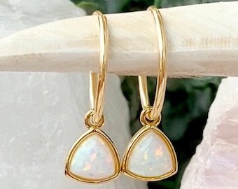 Opal Hoops, October Birthstone, Opal Huggie Hoop Earrings, Opal Jewelry, October Birthday Earrings, Triangle Hoop, 14kt Gold Filled & Silver