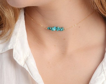 Real Turquoise Necklace, December Birthstone Necklace, Delicate Gemstone Bead Bar, Genuine Turquoise Choker, 14kt Gold Filled, Rose, Silver