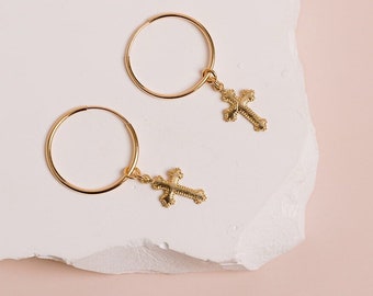 Pendientes de cruz chapados en oro, aros con cruz, pendientes religiosos, aros con cruz de plata, aros con dije de cruz, chapados en oro de 14 kt, plata rosa