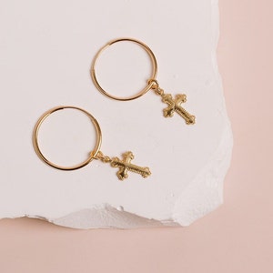 Gold Filled Cross Earrings, Cross Huggie Hoops, Religious Earrings, Silver Cross Hoops, Cross Charm Hoops, in 14kt Gold Filled, Rose Silver