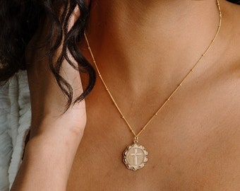 Cross Medallion Necklace, Large Coin Cross Necklace, Round Cross Pendant, Religious Jewelry, Cross Jewelry, 14kt Gold Filled, Rose & Silver