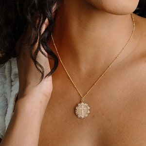 Cross Medallion Necklace, Large Coin Cross Necklace, Round Cross Pendant, Religious Jewelry, Cross Jewelry, 14kt Gold Filled, Rose & Silver