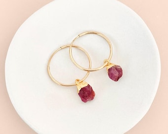 Raw Stone Hoops, Birthstone Earrings, Birthday Hoops, Tiny Stone Nuggets, Gemstone Hoops, Charm Earrings, Raw Crystal Hoops, Boho Earrings