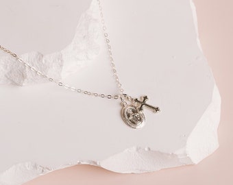 Silver Religious Medal, Virgin Mary Pendant, Dainty Cross Pendant, Silver Medallion Necklace, Catholic Pendant, Sterling Silver, Gold Fill