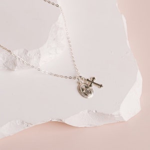 Silver Religious Medal, Virgin Mary Pendant, Dainty Cross Pendant, Silver Medallion Necklace, Catholic Pendant, Sterling Silver, Gold Fill