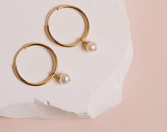 Pearl Hoop Earrings, Pearl Earrings, Simple Pearl Hoops, Round Pearl, Baroque Pearl,Minimalist Jewelry, 14kt Gold Filled, Rose or Silver