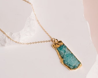 Collar de amazonita cruda, Collar de amazonita curativa, Collar de la suerte, Piedra preciosa verde azul, Collar de chakra, Regalo de collar de Virgo, Oro Plata
