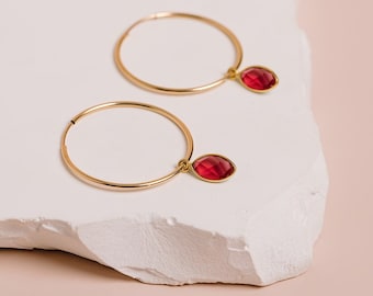 Ruby Earrings, Birthstone Jewelry, Red Stone Earrings, Gemstone Hoops, July Birthday Gift, Ruby Hoops, in 14kt Gold Filled, Sterling Silver