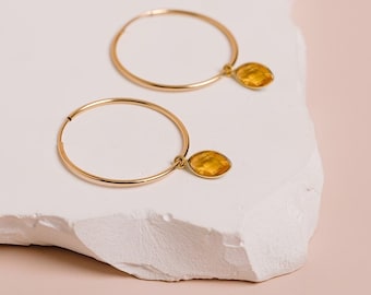 Citrine Drop Earrings, Birthstone Jewelry, Yellow Stone Earrings, Citrine Hoops, November Birthday Gift, 14kt Gold Filled, Sterling Silver