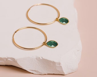 Raw Emerald Earrings, Birthstone Jewelry, Green Stone Earrings, Gemstone Hoop Earrings, May Birthday Gift, 14kt Gold Filled, Sterling Silver
