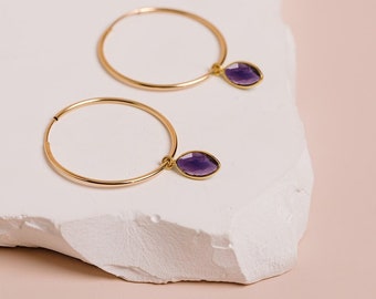 Amethyst Hoop Earrings, Gemstone Drop Earrings, Raw Stone Hoops, Birthstone Earrings, Purple Stone Earrings, in 14kt Gold Filled or Silver