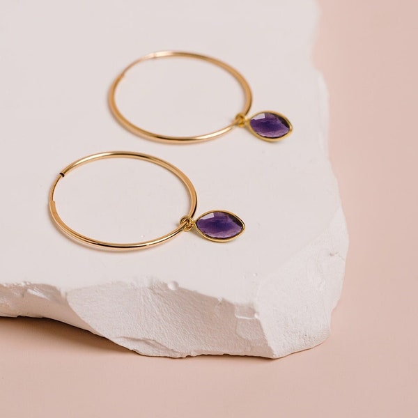 Amethyst Hoop Earrings, Gemstone Drop Earrings, Raw Stone Hoops, Birthstone Earrings, Purple Stone Earrings, in 14kt Gold Filled or Silver