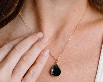 Black Onyx Necklace, Teardrop Gemstone Pendant, Black Stone Necklace, Black Onyx Jewelry, Simple Everyday Necklace, 14kt Gold Fill or Silver