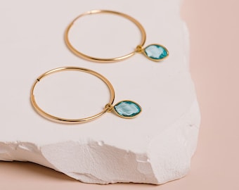 Blue Topaz Earrings, Birthstone Jewelry, Aqua Blue Earrings, Gemstone Drop Hoops, December Birthday Gift, 14kt Gold Filled Sterling Silver