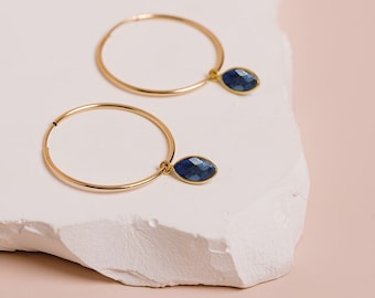 Lapis Lazuli Earrings, Birthstone Jewelry, Blue Stone Earrings, Gemstone Hoops, September Birthday Gift, in 14kt Gold Filled Sterling Silver