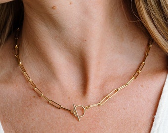 Link Chain Necklace, Layering Necklace, Gold Choker, Toggle Necklace, Gold Paperclip Necklace, Gold Chunky Necklace, 14k Gold Filled Choker