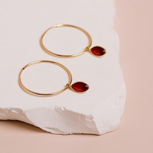Garnet Earrings, Birthstone Earrings, Red Stone Earrings, Gemstone Hoops, January Birthday Gift, Jewelry, 14kt Gold Filled, Sterling Silver