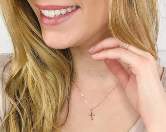 Dainty Cross Charm Necklace, Tiny Cross Necklace, Small Gold Cross Necklace, Catholic Gift, Christian Jewelry, Gift for Her, 14kt Gold Fill