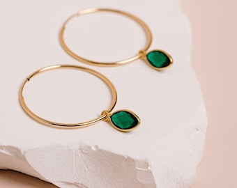 Emerald Earrings, Birthstone Jewelry, Green Stone Earrings, Gemstone Hoop Earrings, May Birthday Gift, in 14kt Gold Filled, Sterling Silver